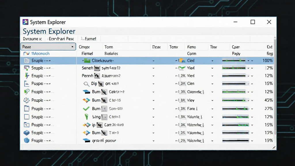 System Explorer 进程管理界面特写,画面中显示多个进程条目与资源占用百分比,窗口内带有 System Explorer 标识,背景简洁,风格科技感、排版整齐、画质清晰、干净无多余元素
