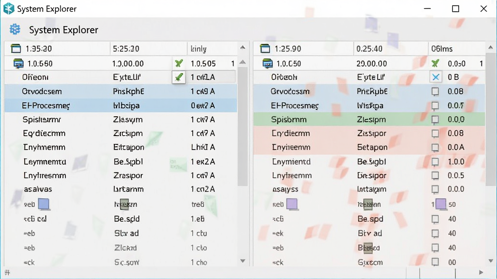 System Explorer 系统快照对比界面,画面中显示两个时间点的进程列表差异高亮,界面带有 System Explorer 字样,背景为浅色,风格极简、细节清晰、画质干净、无多余元素