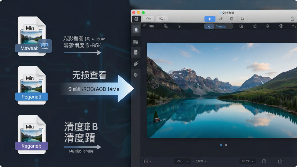一张展示“光影看图”软件功能特性的合成图,画面左侧为多张不同格式的图片文件图标依次排列,右侧为软件界面中清晰显示一张风景大图,中间用箭头表示格式兼容与无损查看,整体布局左右分明,采用科技感扁平风格,细节包括图片格式标签和清晰度对比示意,画质高清,画面干净,无多余元素