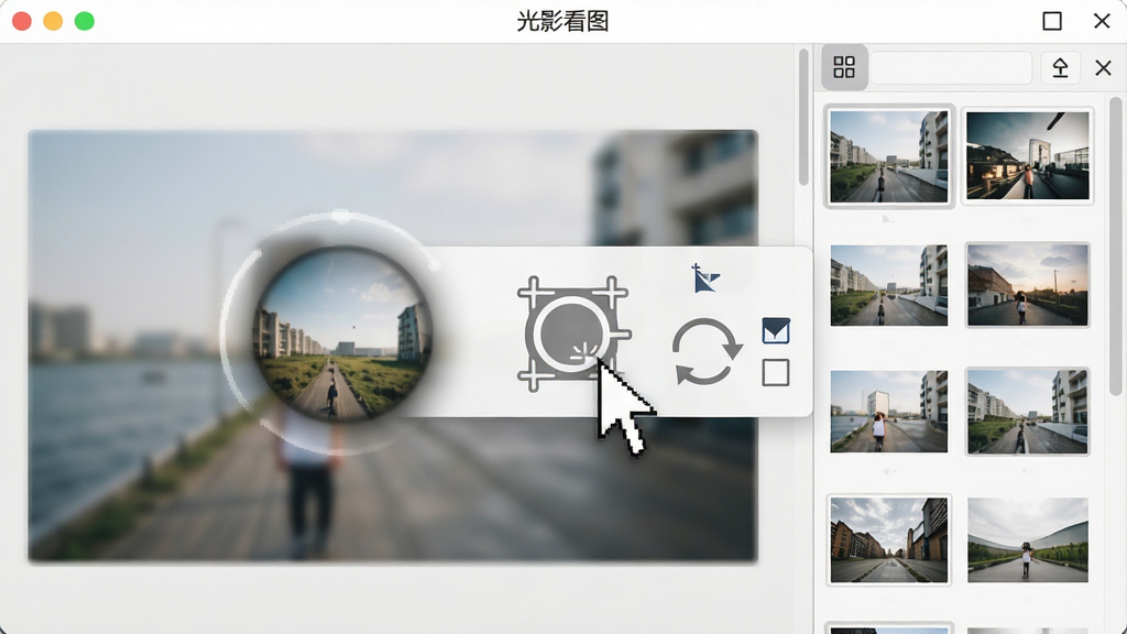 一张“光影看图”软件操作界面特写图,画面中央展示图片旋转与裁剪工具栏,右侧为缩略图管理面板,整体布局紧凑合理,采用清爽浅色风格,细节包括鼠标正在点击旋转按钮和批量选择框,画质高清,画面干净,无多余元素
