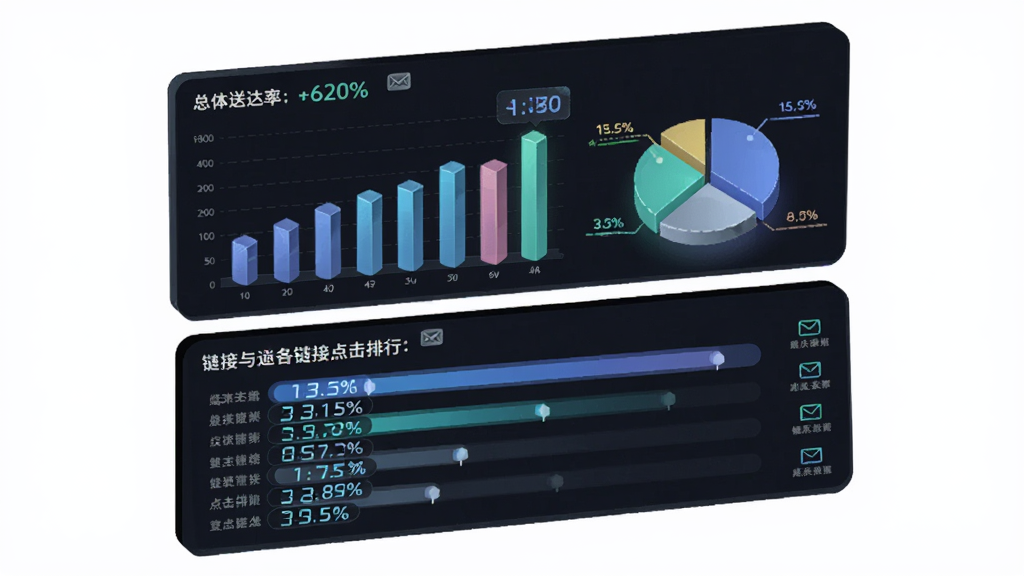 邮件营销一键通数据统计面板,主体为悬浮的3D数据图表,包括柱状图与饼图,布局为上下结构,上方是总体送达率,下方是各链接点击排行,风格为深色科技感仪表盘,细节包含发光数字、百分比标签、邮件小图标,画质高清,干净,无多余元素