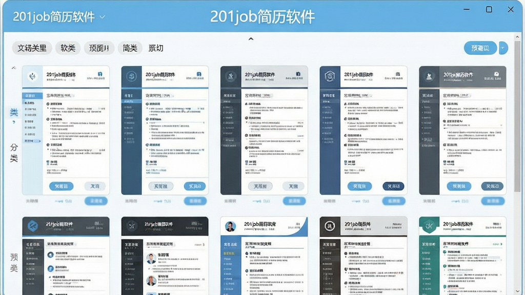 一张展示201job简历软件模板库界面的图片,画面主体为软件窗口内的模板缩略图网格,每个缩略图展示不同风格的简历版式,窗口上方有“201job简历软件”文字标识,配色以浅蓝与白色为主,布局整齐,风格清爽商务,细节上体现分类标签、预览按钮,画质清晰,干净,无多余元素