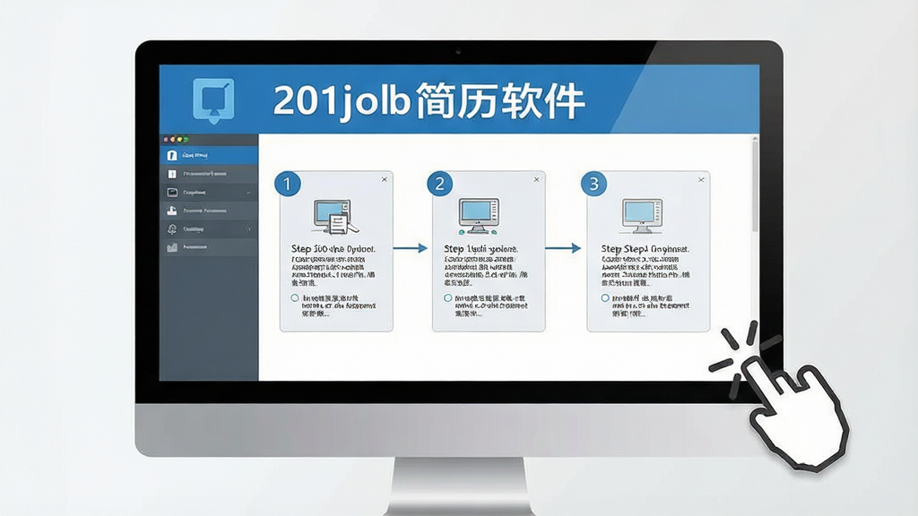 一张展示201job简历软件使用指南的图片,画面为电脑屏幕上显示软件操作步骤示意图,旁边有鼠标点击图标,界面带有“201job简历软件”文字,风格简洁教学,配色蓝白灰,细节上体现步骤序号与提示文字,画质清晰,干净,无多余元素