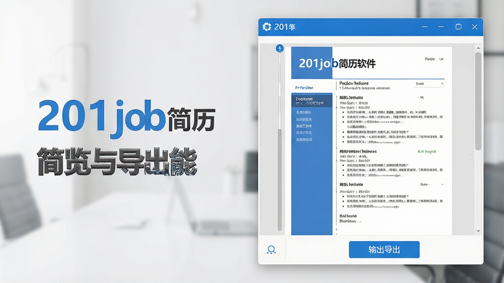 一张展示201job简历软件预览与导出功能的图片,画面为软件窗口右侧预览面板,显示一份完整简历的排版效果,窗口底部有导出按钮,界面带有“201job简历软件”标识,风格商务简洁,配色蓝白为主,细节上体现预览滚动条与按钮状态,画质清晰,干净,无多余元素
