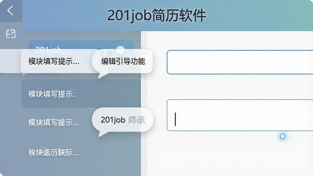 一张展示201job简历软件编辑引导功能的图片,画面为软件编辑区特写,左侧显示模块填写提示文字,右侧为对应输入框,界面顶部有“201job简历软件”字样,风格简洁实用,配色柔和,细节上体现提示气泡与输入光标,画质清晰,干净,无多余元素