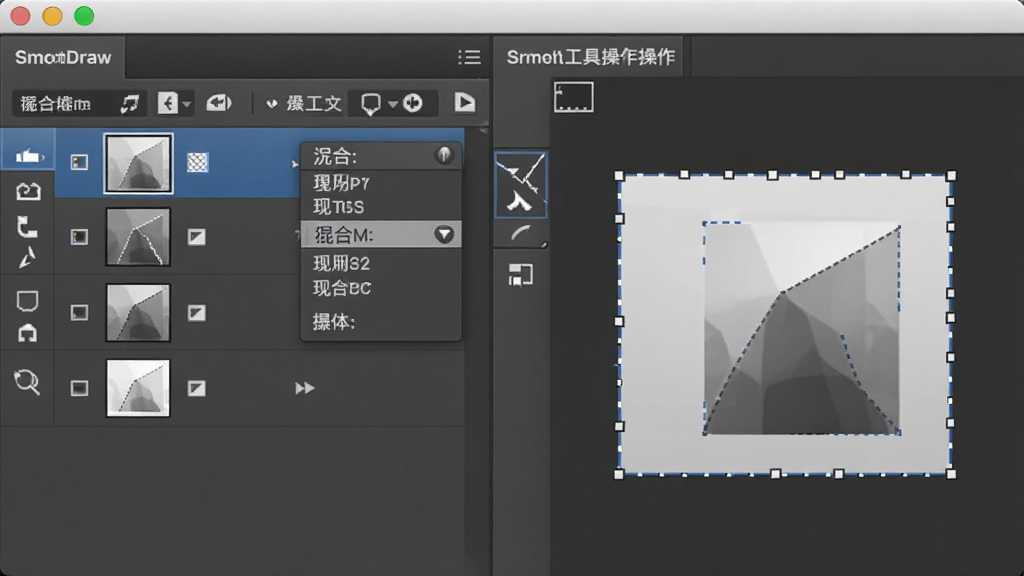 SmoothDraw图层面板与选区工具操作示意图,画面展示多个图层缩略图及混合模式下拉菜单,旁边有选区虚线框选效果,界面布局清晰,风格简洁专业,高清画质