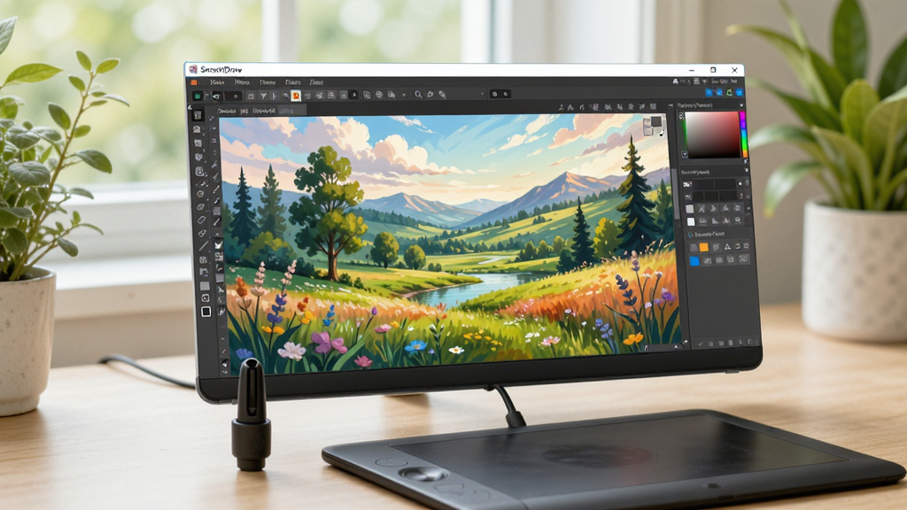 SmoothDraw在Windows电脑上流畅运行的场景图,画面展示软件窗口与数位板连接状态,界面显示正在绘制一幅色彩丰富的风景画,整体风格清新自然,画质清晰明亮,干净无多余元素