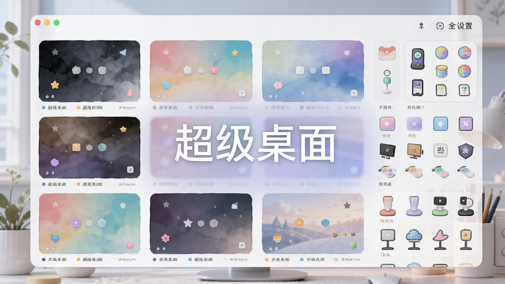 一张AI生成的图片,画面展示超级桌面的个性化设置界面,屏幕上有多种主题配色与图标样式预览,界面中央有“超级桌面”文字,整体风格柔和清新,布局规整,画质干净,无多余元素