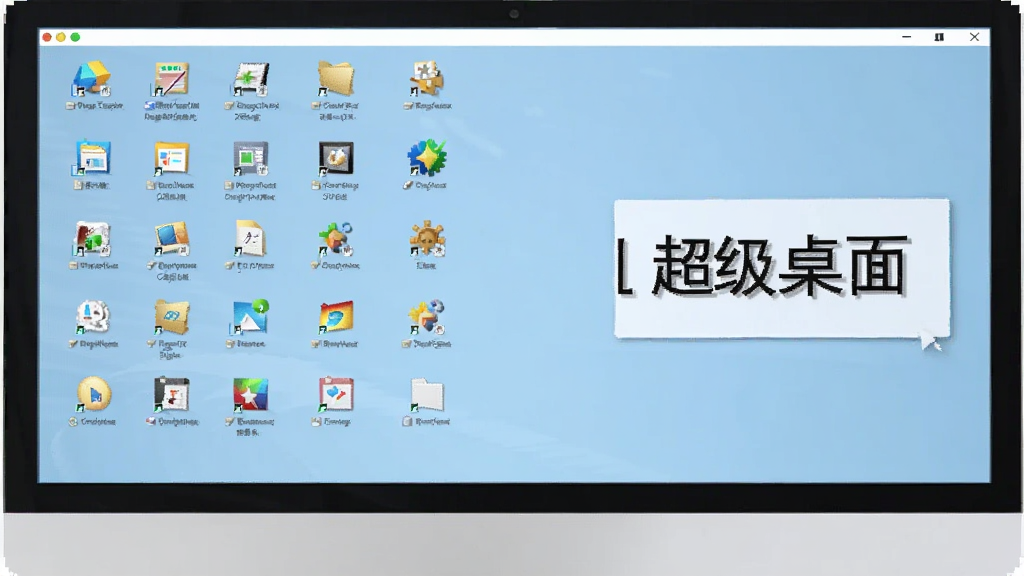 一张AI生成的图片,画面展示超级桌面软件在电脑上运行的场景,屏幕显示桌面图标整齐排列,旁边有提示框写着“超级桌面”,整体风格简洁实用,布局为横向展示,画质干净,无多余元素