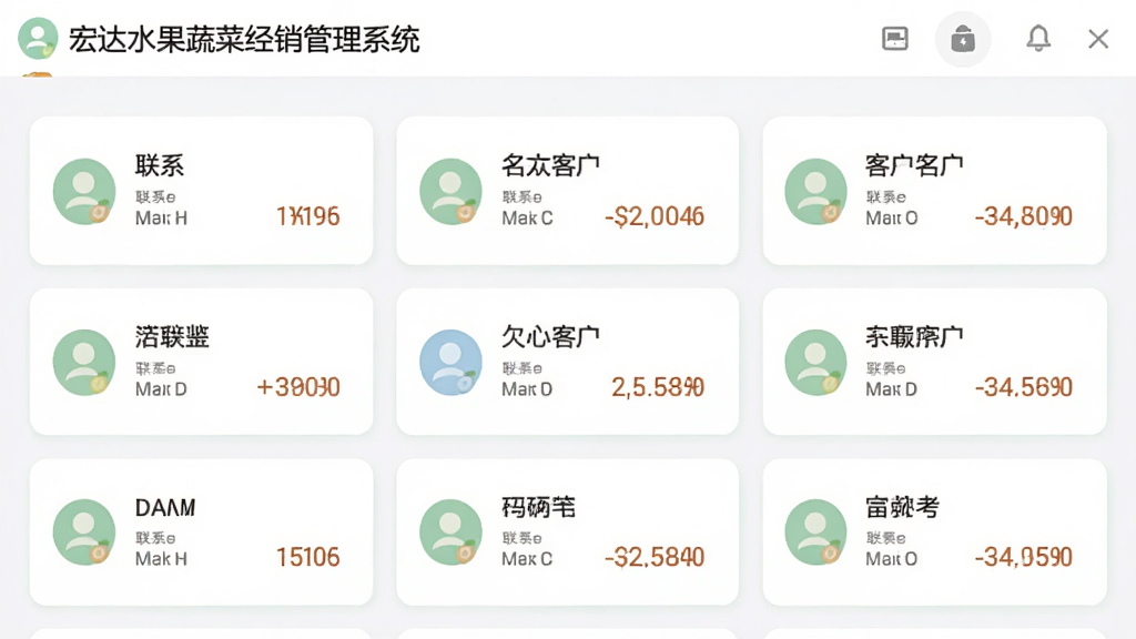 主体为宏达水果蔬菜经销管理系统客户供应商往来界面,布局为卡片式列表,每张卡片显示客户名称与欠款金额,排版整齐,风格柔和清新,细节包含联系人图标与金额数字,画质高清、干净、无多余元素