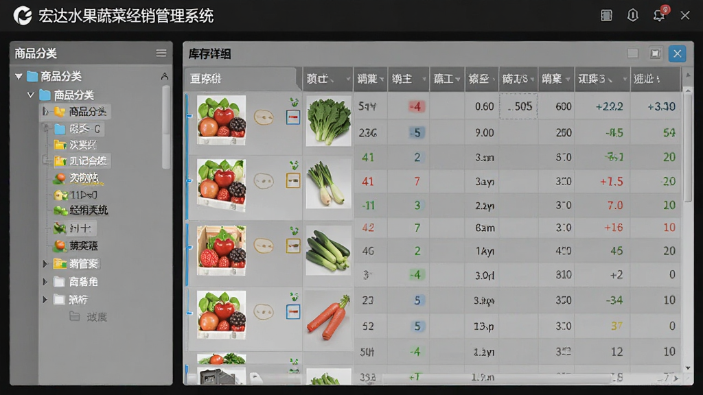 主体为宏达水果蔬菜经销管理系统进销存功能界面,布局为左右分栏,左侧商品分类树,右侧库存明细表格,排版清晰,风格简洁商务,细节包含水果蔬菜缩略图与数字统计,画质高清、干净、无多余元素