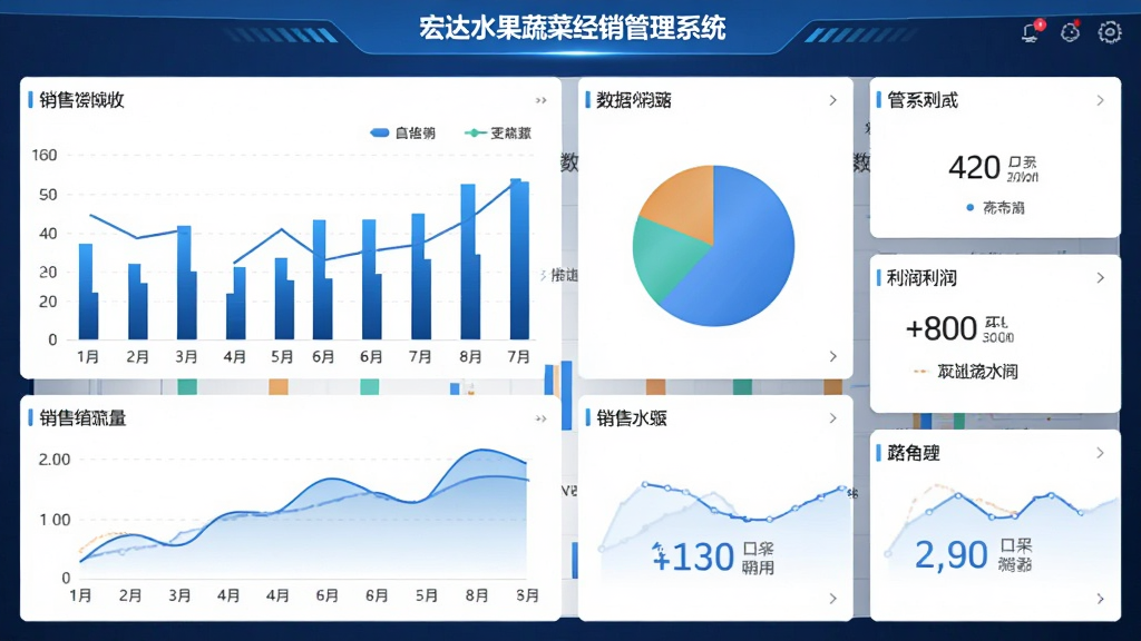 主体为宏达水果蔬菜经销管理系统经营报表界面,布局为仪表盘式多图表组合,包含柱状图、饼图、数据卡片,排版错落有致,风格科技蓝调,细节包含销售曲线与利润数字,画质高清、干净、无多余元素