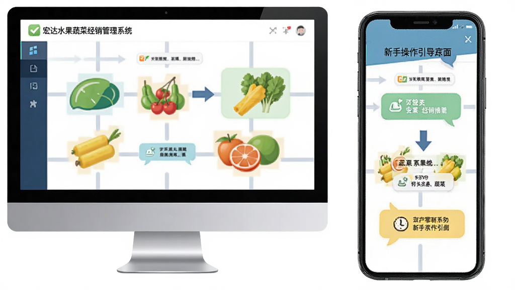 主体为宏达水果蔬菜经销管理系统新手操作引导界面,布局为电脑屏幕与手机屏幕并排展示,排版左右对称,风格扁平化教学风,细节包含步骤箭头与提示气泡,画质高清、干净、无多余元素