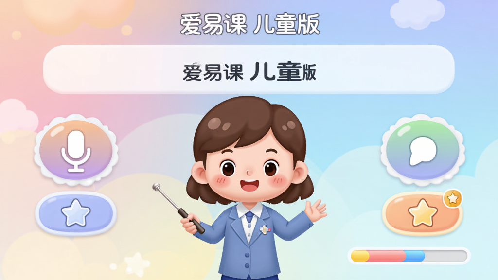 主体为爱易课 儿童版AI互动课堂界面,布局为居中卡通老师形象与两侧答题按钮,排版为上下结构上方问题下方选项,风格为柔和渐变色彩与圆润图标,细节包含麦克风图标、星星得分、进度条,画质高清干净无多余元素,文字标注“爱易课 儿童版”