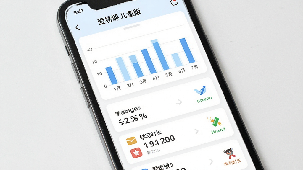 主体为爱易课 儿童版家长端报告界面,布局为手机屏幕内展示图表与数据卡片,排版为顶部周报标题下方柱状图与列表,风格为简洁商务浅色风格,细节包含正确率百分比、学习时长数字、学科图标,画质清晰干净无多余元素,文字标注“爱易课 儿童版”