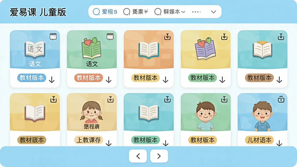 主体为爱易课 儿童版教材资源库界面,布局为网格状课程卡片排列,排版为顶部筛选栏底部翻页按钮,风格为清新浅色系扁平化设计,细节包含语文数学英语学科图标、教材版本标签、下载缓存标识,画质清晰干净无多余元素,文字标注“爱易课 儿童版”