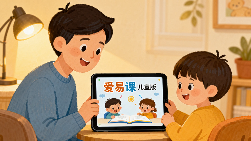 主体为爱易课 儿童版使用场景,布局为家长与孩子共同面对平板电脑,排版为左侧家长右侧孩子中间平板,风格为温馨家庭插画风,细节包含微笑表情、学习画面、温馨灯光,画质清晰干净无多余元素,文字标注“爱易课 儿童版”