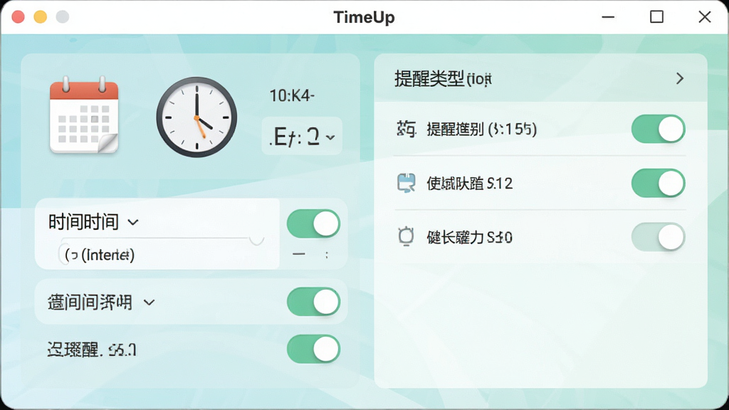 一张TimeUp软件定时设置界面的生图,主体为软件设置窗口,布局为左侧时间选择器、右侧提醒类型选项,排版整齐,风格为清新浅色系UI设计,细节包括日历图标、时钟表盘、开关按钮,画质高清,干净无多余元素