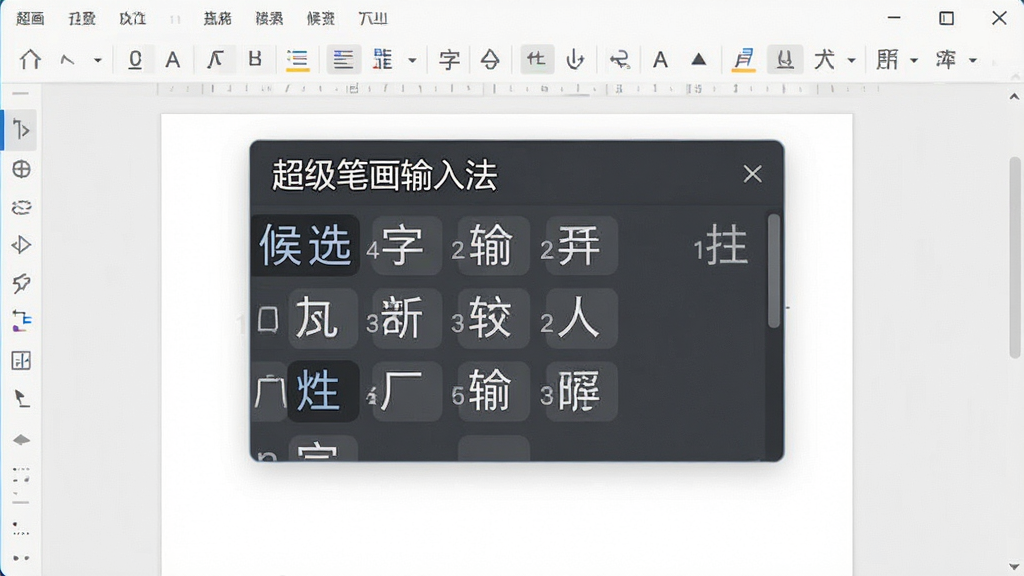一张展示超级笔画输入法候选字联想功能的界面截图,画面中显示输入法候选窗口内排列着多个汉字选项,旁边有数字序号,背景为浅色文档编辑界面,画面中文字包括“超级笔画输入法”“候选字”,排版整洁,风格商务简约,画质高清,无杂乱元素