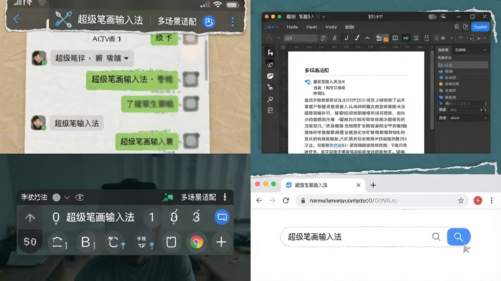 一张展示超级笔画输入法在多种软件场景中使用的拼贴图,画面分为多个小格,分别显示聊天窗口、文档编辑器和浏览器搜索框,每个场景中都可见输入法状态栏,画面中文字包括“超级笔画输入法”“多场景适配”,风格为现代拼贴排版,色调统一,画质清晰,布局有条理