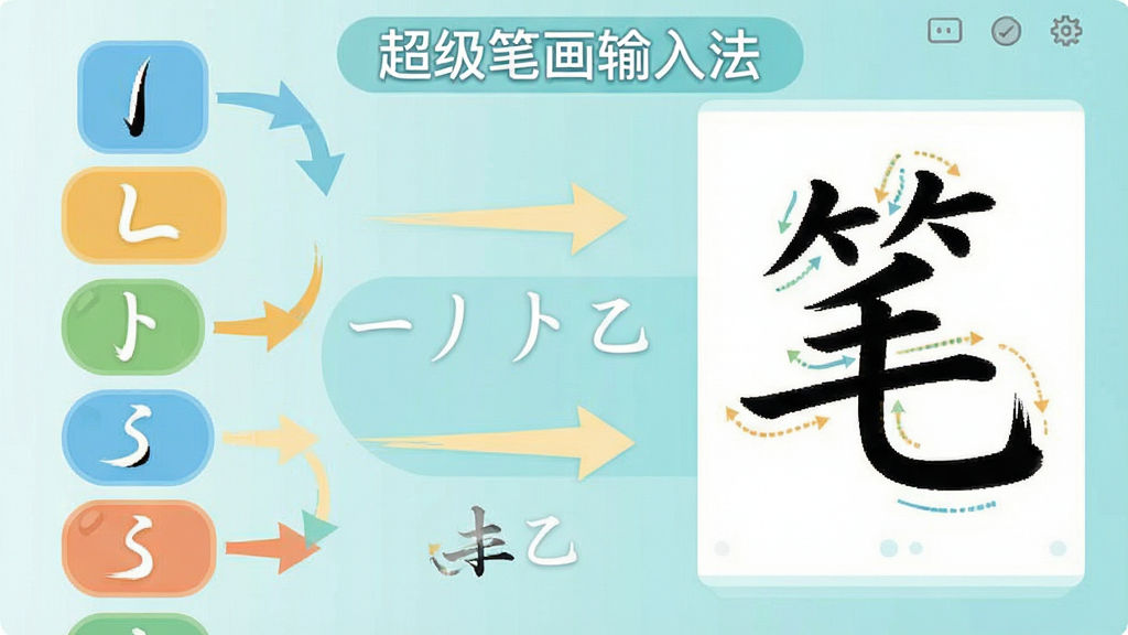 一张展示超级笔画输入法学习流程的示意图,画面左侧是五个基本笔画按钮图标,右侧是汉字书写笔顺演示,中间用箭头连接,画面中文字包括“超级笔画输入法”“一丨丿丶乙”,风格为扁平化信息图,配色清新,布局规整,画质清晰,干净无干扰