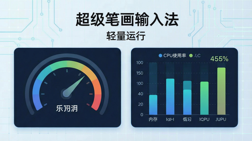 一张展示超级笔画输入法资源占用情况的示意图,画面以仪表盘和柱状图形式呈现低内存占用和低CPU使用率,背景为科技感浅色网格,画面中文字包括“超级笔画输入法”“轻量运行”,风格为数据可视化信息图,配色清爽,画质锐利,无多余装饰