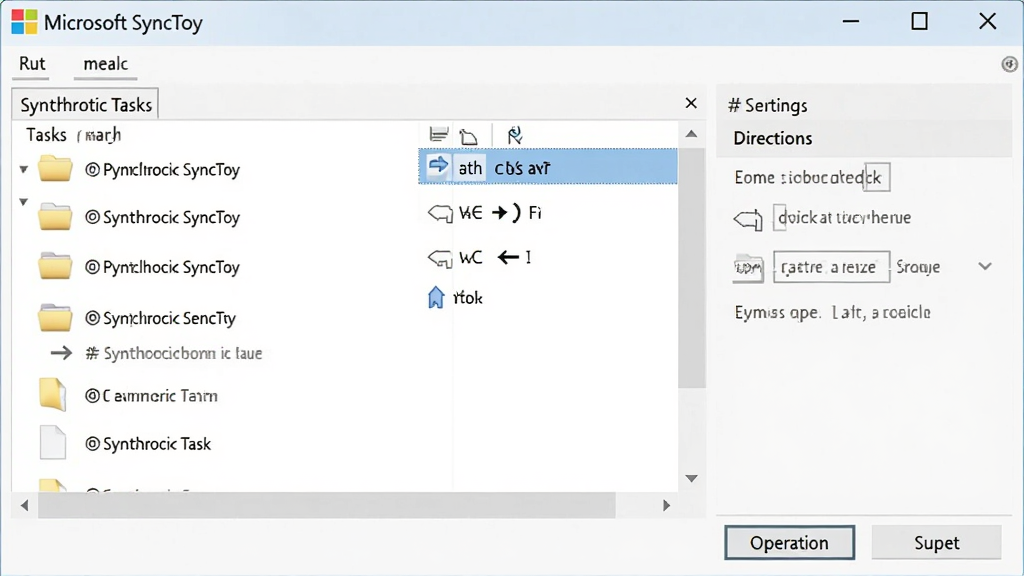 一张展示 Microsoft SyncToy 软件主界面的图片,画面中央是简洁的白色窗口,左侧列出多个同步任务名称,右侧显示同步方向设置面板,整体布局清晰,风格为现代办公软件截图,细节包含文件夹图标、同步箭头、任务列表、操作按钮,画质清晰干净无多余元素