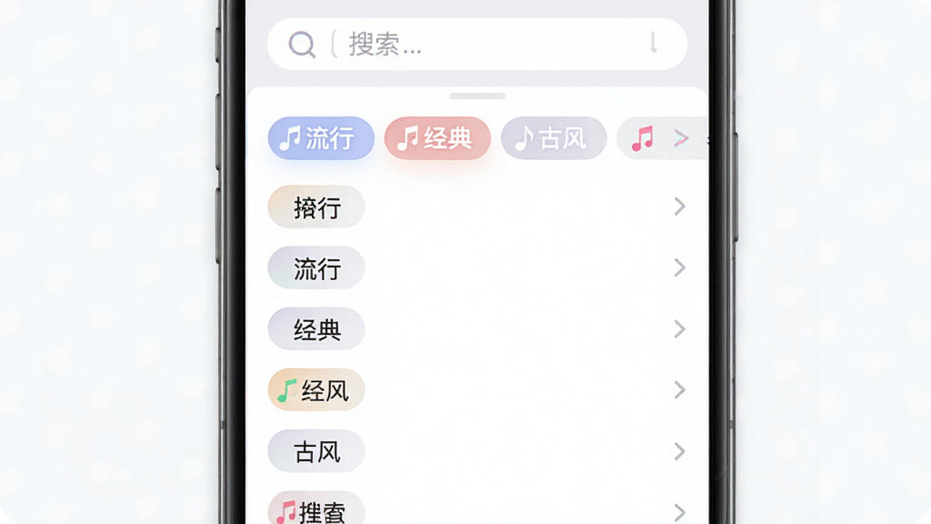 画面主体为全民K歌界面中展示的曲库分类列表,包含流行、经典、古风等标签,布局为纵向滚动列表,排版整齐,风格为清爽浅色系,细节有音符图标和搜索框,画质高清,干净,无多余元素