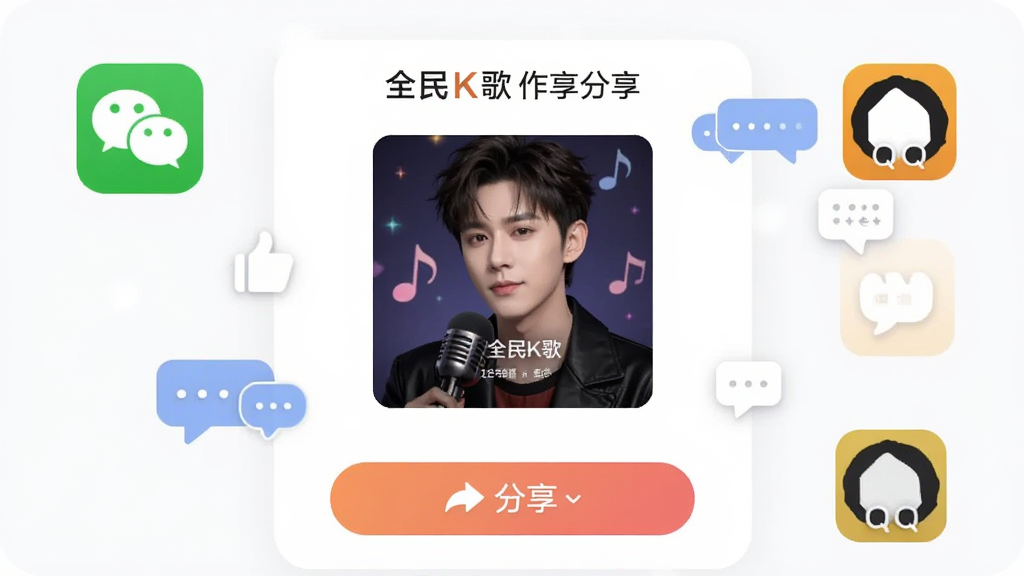 画面主体为全民K歌作品分享页面,显示歌曲封面和分享按钮,周围有微信、QQ图标,布局为居中卡片式,排版简洁,风格为社交分享主题,细节包括点赞和评论气泡,画质清晰,干净,无多余元素