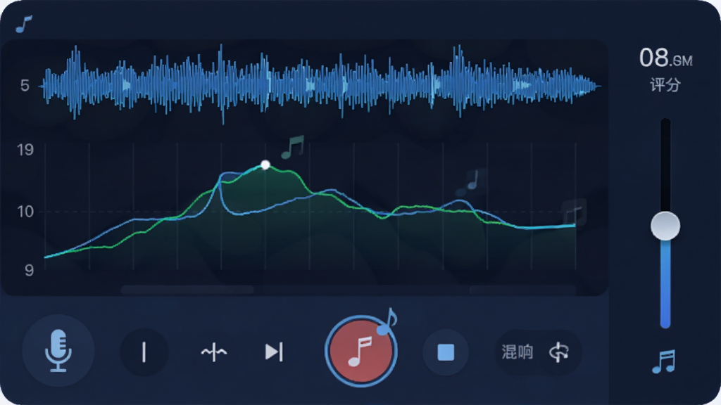 画面主体为全民K歌录音界面,显示音准曲线和评分数字,旁边有混响调节滑块,布局为上下结构,上方为波形图下方为控制面板,风格为科技蓝调,细节包括麦克风图标和音符,画质清晰,干净,无多余元素