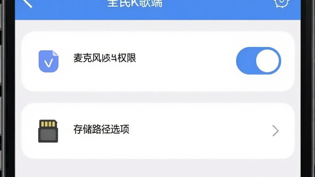 画面主体为全民K歌手机端设置界面,显示麦克风权限开关和存储路径选项,布局为纵向列表,排版清晰,风格为扁平化设计,细节包括权限图标和存储卡图标,画质高清,干净,无多余元素