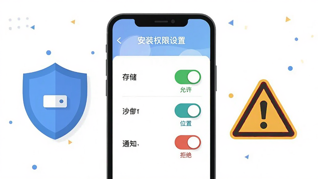 同城商盟移动端操作指引图,画面主体为手机屏幕展示安装权限设置界面,包含存储、位置、通知三个权限开关,屏幕旁边有盾牌图标和警告标志代表安全提示,布局采用居中构图,风格为扁平化教程插图,细节包括开关按钮的高亮和文字标注“允许”“拒绝”,画质清晰,画面干净,无多余元素