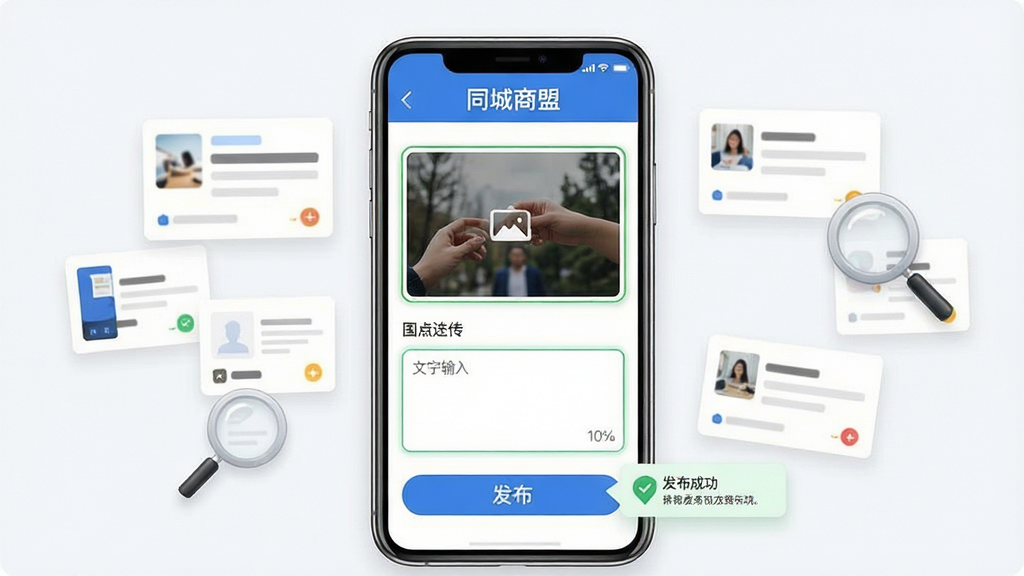 同城商盟供需信息发布功能示意图,画面主体为手机屏幕显示信息发布表单,包含图片上传区、文字输入框和发布按钮,屏幕上方有“同城商盟”标题栏,周围漂浮着信息卡片和放大镜图标代表搜索与匹配,布局采用上下分层构图,风格为现代化商务应用界面,细节包括表单字段的高亮边框和发布成功的小提示,画质清晰,画面干净,无多余元素