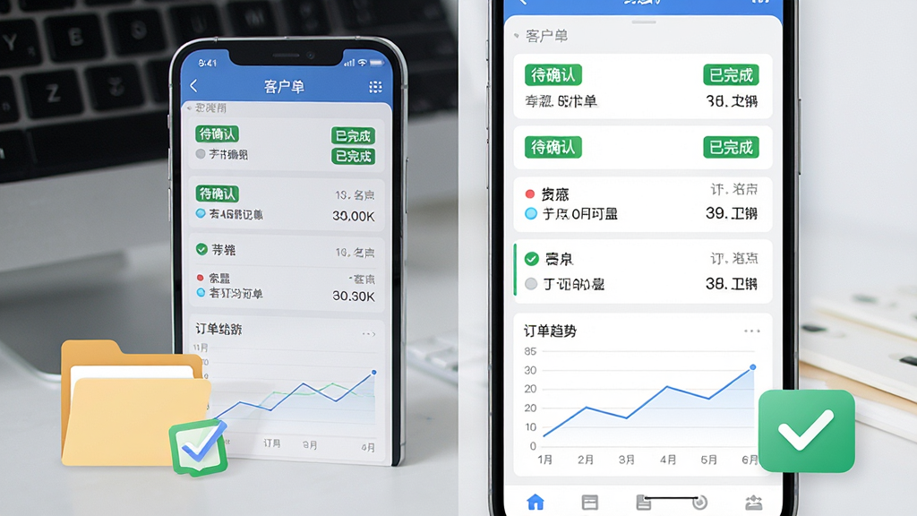 同城商盟订单管理界面展示图,画面中手机屏幕显示订单列表,每条订单带有状态标签如“待确认”“已完成”和客户名称,屏幕下方有统计图表显示订单趋势,手机旁边有文件夹和勾选图标代表数据管理,布局采用左右分栏构图,风格为清爽商务风,细节包括订单状态的颜色区分和数据图表的简洁线条,画质高清,画面干净,无多余元素