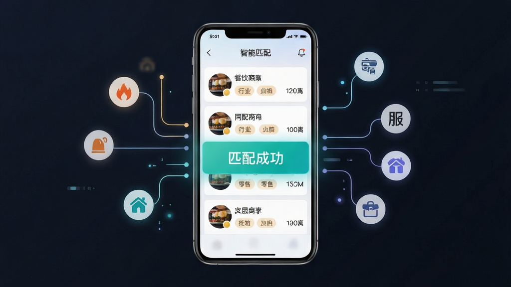 同城商盟功能展示图,画面主体为手机屏幕显示智能匹配列表,列表项包含商家头像、行业标签和距离信息,手机周围漂浮着数据连接线和小图标代表餐饮、零售、服务等行业,布局采用居中构图,风格为现代简约UI展示风,细节包括屏幕高亮显示“匹配成功”提示,画质清晰,画面干净,无多余元素