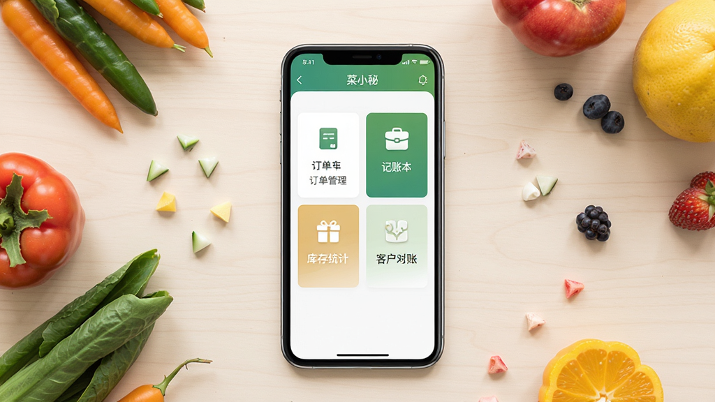 菜小秘软件主界面全貌展示,画面中央放置一部智能手机,手机屏幕显示菜小秘应用首页,包含订单管理、记账本、库存统计、客户对账四大功能卡片,背景为干净浅色桌面,周围点缀新鲜蔬菜水果元素,整体风格清爽商务,画质清晰,干净无多余元素
