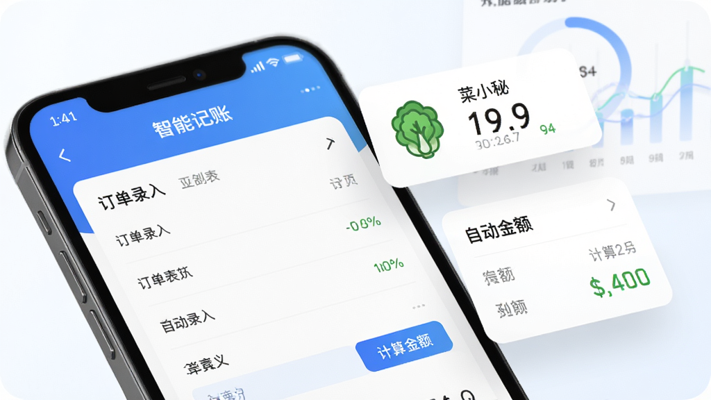 菜小秘智能记账功能界面,手机屏幕展示订单录入表单与自动计算金额,画面中有蔬菜图标和数字报表浮动,背景简洁明亮,风格现代商务,细节清晰,画质干净无多余元素