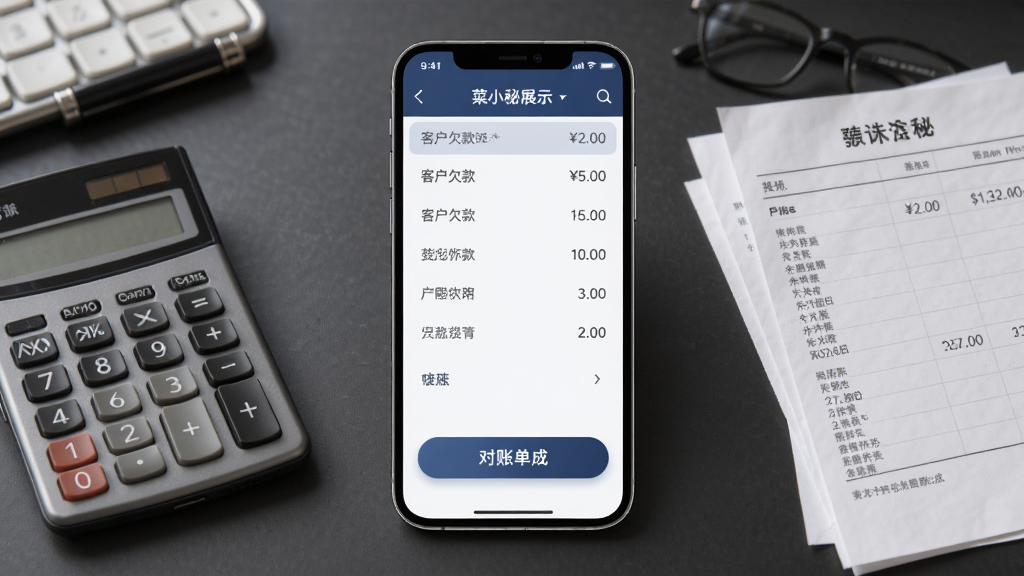 菜小秘客户对账功能展示,手机屏幕显示客户欠款列表与对账单生成按钮,画面中有计算器和账单纸张元素,风格专业稳重,细节丰富,画质清晰干净无多余元素