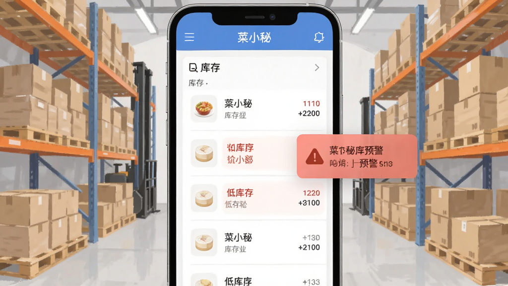 菜小秘库存管理界面,手机屏幕显示商品列表与库存数量,低库存商品标红并弹出预警提示,画面中有仓库货架元素,风格简洁直观,画质清晰干净无多余元素