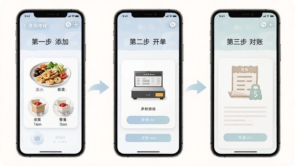 菜小秘新手使用教程示意图,画面展示手机屏幕分步骤操作指引,第一步添加商品、第二步开单、第三步对账,用箭头连接,风格简洁教学,色彩柔和,画质清晰干净无多余元素