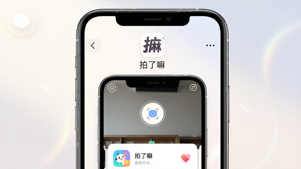 主体为一部智能手机居中放置,屏幕中显示“拍了嘛”应用界面,界面中包含相机取景框、识别按钮与结果卡片;布局采用上下结构,上方为软件Logo与名称“拍了嘛”,下方为手机与界面展示;排版居中对称,风格为现代科技感与生活化结合;细节包括手机边缘高光、界面图标清晰、背景带有柔和光影;画质为高清4K,干净无多余元素,背景为浅色渐变。