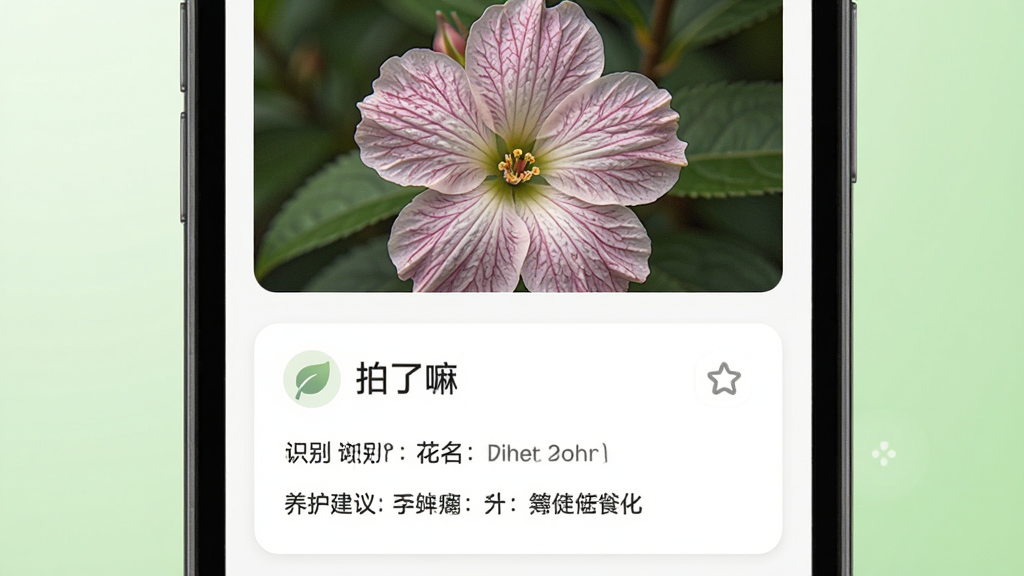 主体为手机屏幕中显示一朵花的识别结果页面,页面顶部是拍摄的花朵照片,下方列出“拍了嘛”识别出的花名、科属与养护建议;布局为上下排列,上方照片下方信息卡片;排版简洁清晰,风格为清新自然;细节包括花瓣纹理清晰、界面文字可读、图标柔和;画质高清,干净无多余元素,背景为浅绿色渐变。