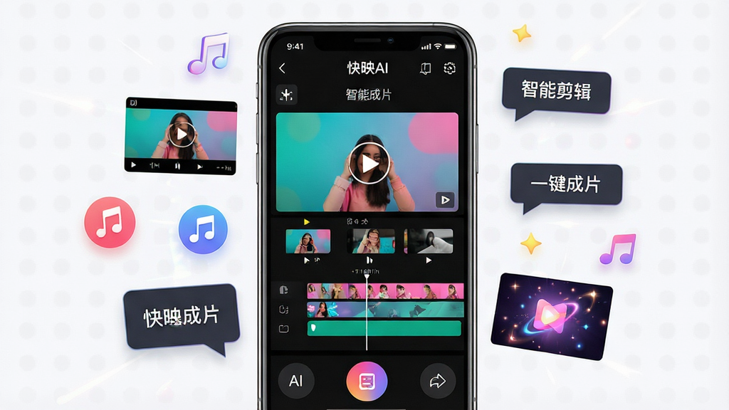 一张展示快映AI软件界面的概念图。画面中央是一部智能手机,屏幕上显示快映AI视频编辑界面,包含时间轴、素材库和AI功能按钮。手机周围漂浮着视频片段、音乐图标、字幕气泡和特效光效等元素。布局采用居中构图,手机为主体。风格为现代科技感UI展示风格。细节包括界面上的文字标签“快映AI”、“智能剪辑”、“一键成片”,以及色彩鲜明的视频缩略图。画质清晰,干净,无多余元素。