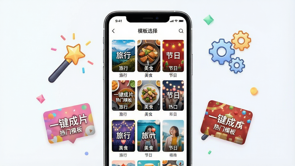 一张展示快映AI一键成片模板功能的画面。画面中央是手机屏幕,显示模板选择界面,网格中排列着多个视频模板缩略图,每个模板标注不同场景标签如“旅行”、“美食”、“节日”。手机旁边漂浮着魔法棒和齿轮图标,象征一键生成。布局为手机居中,周围元素环绕。风格为清新活泼的UI展示风格。细节包括模板缩略图上的文字“一键成片”、“热门模板”,以及色彩明亮的封面图。画质清晰,干净,无多余元素。