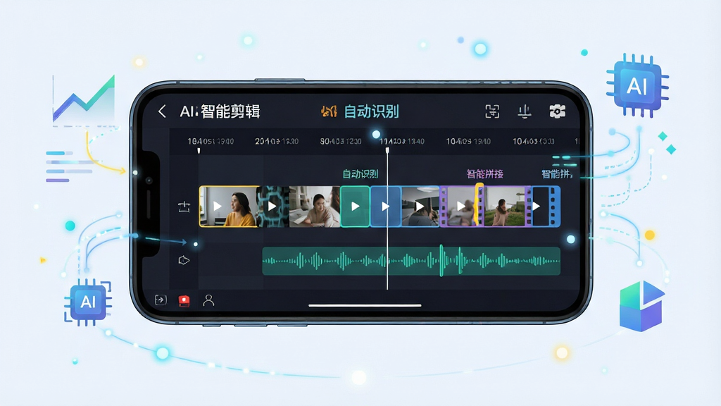 一张展示快映AI智能剪辑功能的场景图。画面中一部手机横屏显示,屏幕上呈现AI自动剪辑的工作界面,时间轴上视频片段被智能分割并标记高亮。手机周围环绕着代表AI算法的光点和数据流线条。布局为手机居中,两侧辅助图形。风格为科技感与创意结合的数字插画风格。细节包括界面上的文字“AI智能剪辑”、“自动识别”、“智能拼接”,以及视频缩略图和音频波形。画质清晰,干净,无多余元素。
