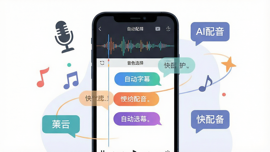 一张展示快映AI配音与字幕功能的画面。画面中手机屏幕显示音频波形和字幕编辑面板,字幕以彩色气泡形式呈现。手机周围漂浮着麦克风图标、音符符号和文字气泡。布局为手机居中,元素环绕。风格为现代扁平化插画风格。细节包括界面上的文字“AI配音”、“自动字幕”、“音色选择”,以及不同颜色的字幕条。画质清晰,干净,无多余元素。