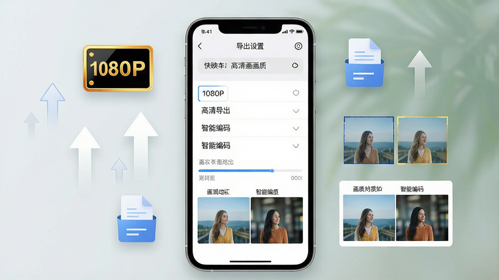 一张展示快映AI高清画质导出功能的画面。画面中手机屏幕显示导出设置界面,包含分辨率选项列表和进度条。手机周围漂浮着高清标识、向上箭头和文件图标。布局为手机居中,元素环绕。风格为简洁商务的UI展示风格。细节包括界面上的文字“1080P”、“高清导出”、“智能编码”,以及清晰的画质对比示意图。画质清晰,干净,无多余元素。
