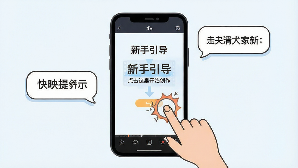 一张展示快映AI新手操作提示的画面。画面中手机屏幕显示软件主界面,界面旁边有手指点击屏幕的示意图和提示气泡。布局为手机居中,手指和气泡作为辅助元素。风格为简洁明快的教程插画风格。细节包括界面上的文字“新手引导”、“点击这里开始创作”,以及手指点击的动画效果。画质清晰,干净,无多余元素。