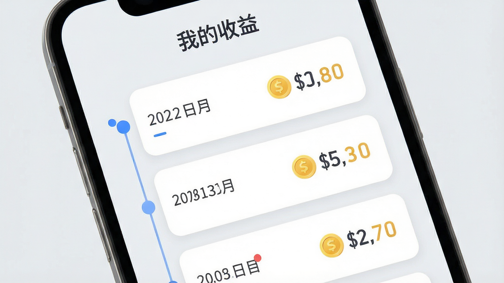 手机屏幕展示“富贵”软件的收益记录页面,页面顶部有“我的收益”文字,下方是时间轴形式的记录列表,每条记录左侧有日期右侧有金币数量,整体布局纵向排列,风格为柔和圆角扁平设计,细节包括浅灰色背景、白色卡片、蓝色强调色、简洁数字字体,画质清晰干净,无多余元素