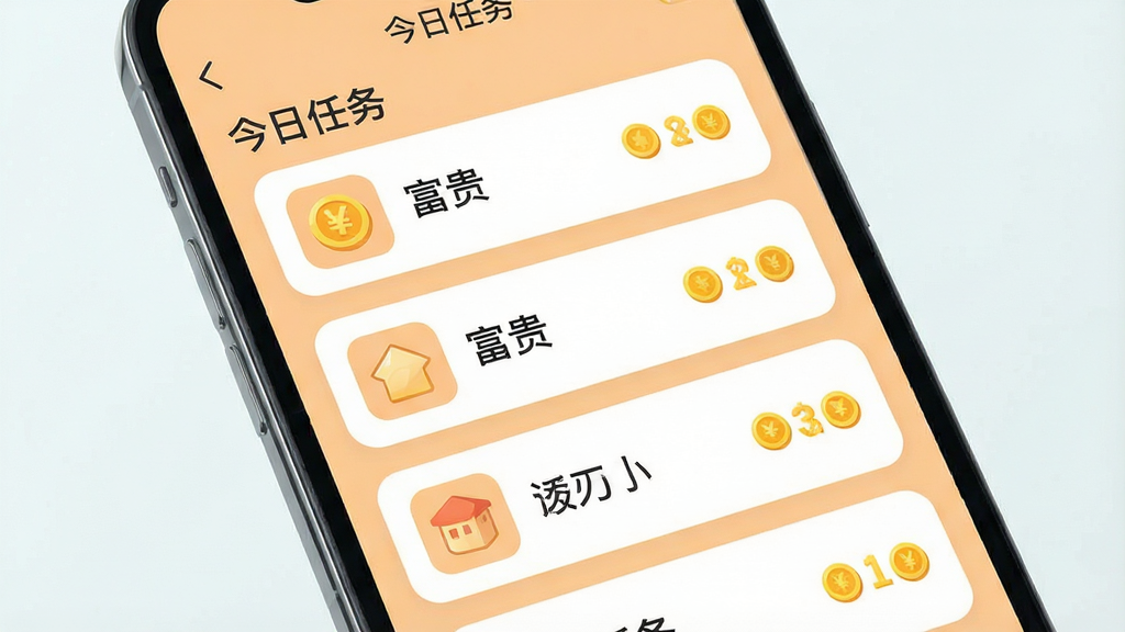 手机界面特写,画面中央是“富贵”软件的任务列表页面,多条任务卡片纵向排列,每张卡片左侧有图标右侧有金币数字,顶部有“今日任务”文字,整体布局整洁,风格为清新浅色扁平插画,细节包括圆角边框、浅橙底色、白色卡片、简洁图标,画质高清干净,无多余元素